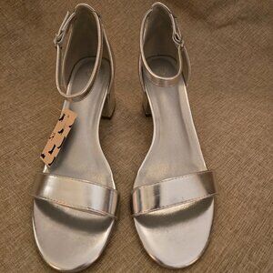 Women's Silver Sandals with Ankle Strap and Stacked Heel, Size 9